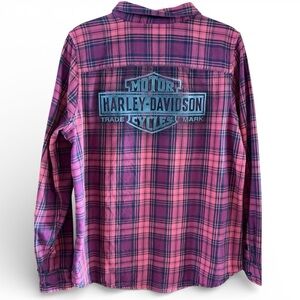 Harley-Davidson Women’s XL Red/Black Plaid Button Down Shirt W/ Back Logo Cotton